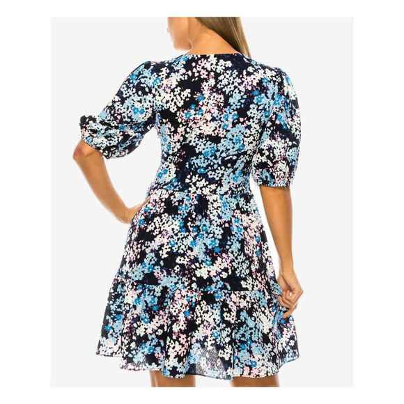 B DARLIN Womens Pouf Sleeve V Neck Above The Knee Party A-Line Dress - Picture 2 of 5